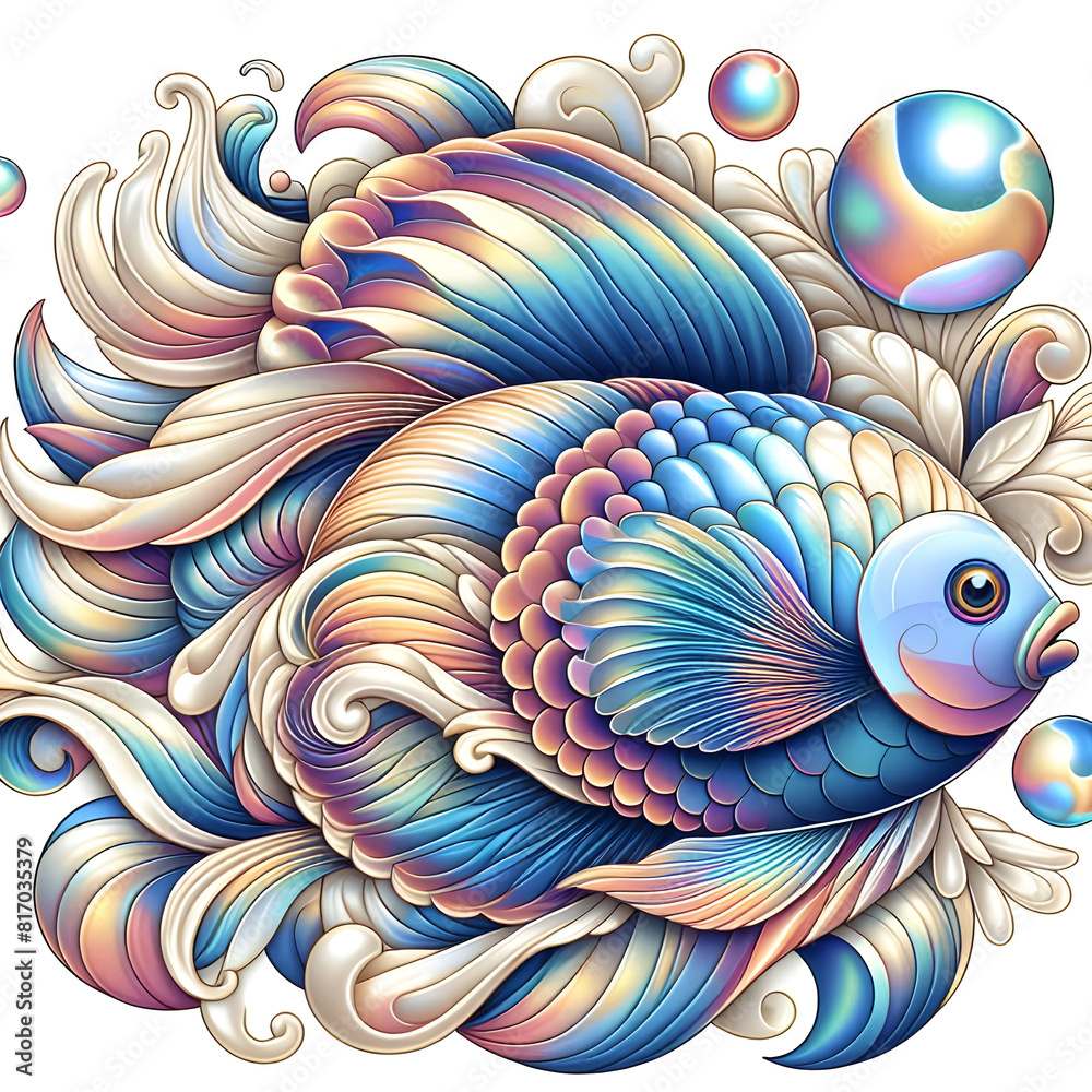 3D Fish from Lines with Clear Contours and Mother of Pearl, Centered on ...