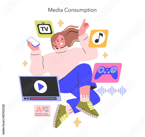 Media Consumption concept A woman enjoys a multimedia symphony, seamlessly juggling TV, music, and gaming Digital era leisure in vibrant vectors Vector illustration