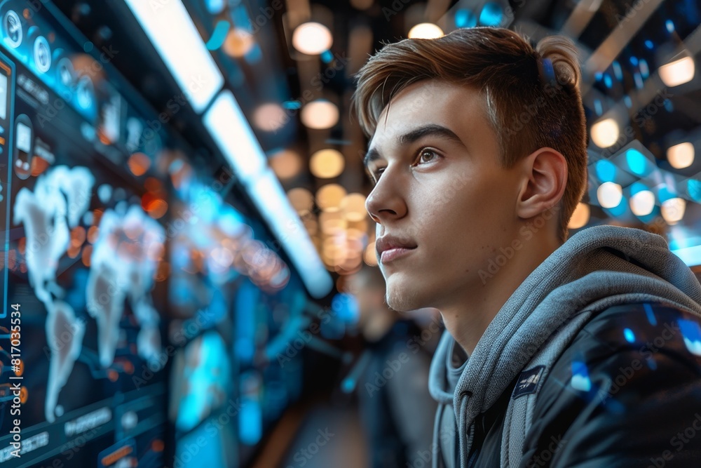 A young man reflects on AI concepts under the night sky, symbolizing deep thought and innovation. AI-generated. A young man reflects on AI concepts under the night sky, symbolizing deep thought and innovation. AI-generated.