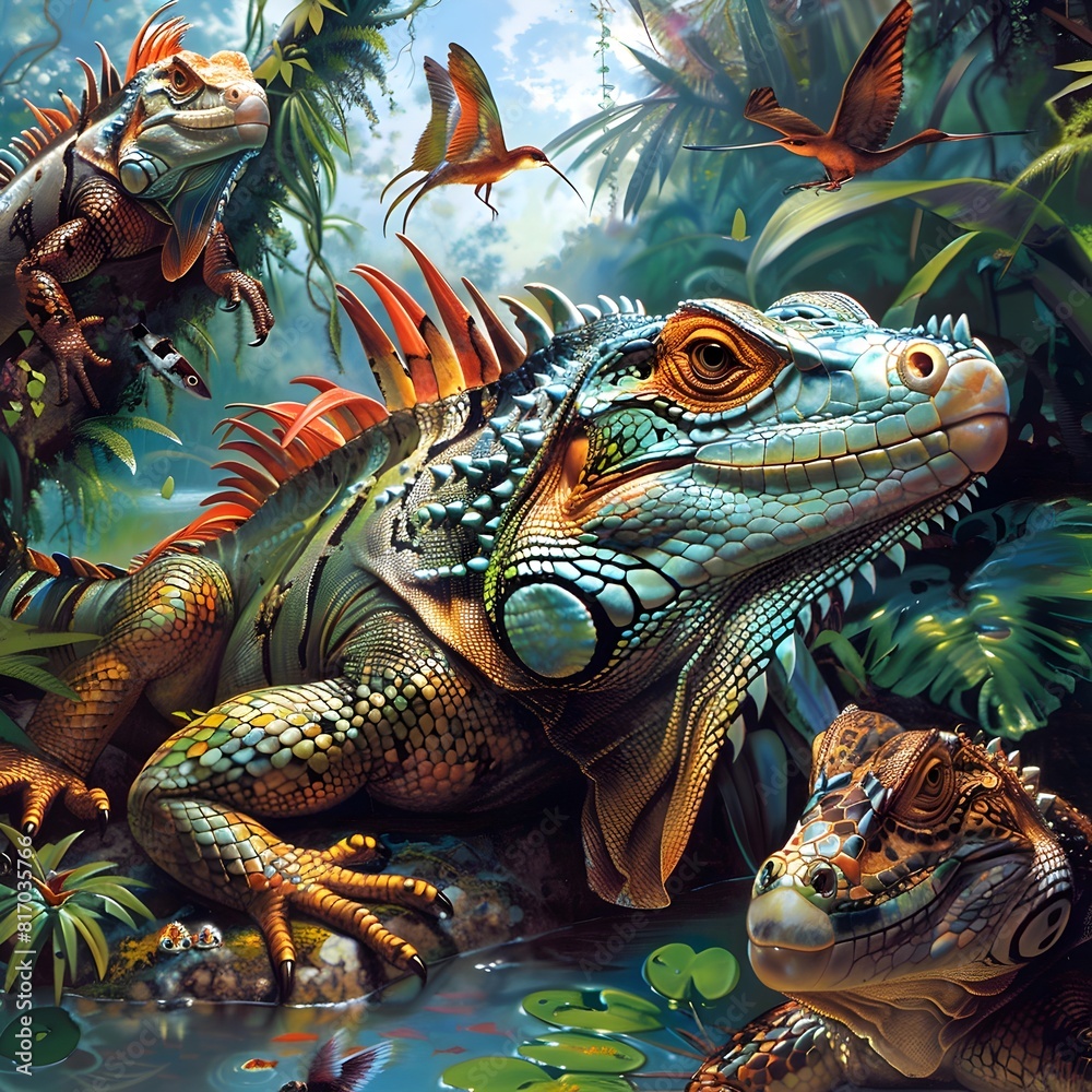 Fototapeta premium Vibrant Tropical Rainforest Ecosystem with Diverse Wildlife Creatures
