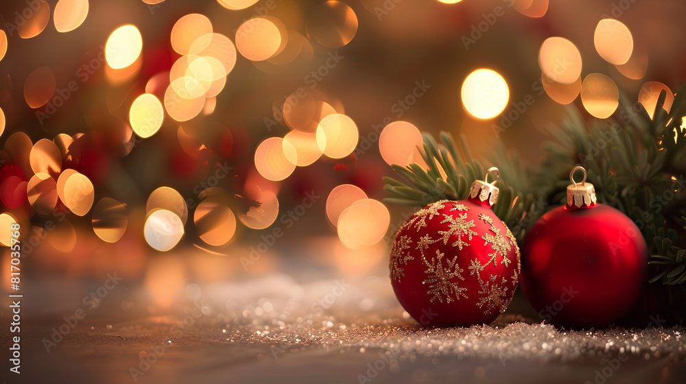 Christmas background with red Christmas balls and bokeh lights. Festive decoration for holiday celebration, party or new year event banner with copy space area. Christmas background with red Christmas balls and bokeh lights. Festive decoration for holiday celebration, party or new year event banner with copy space area.