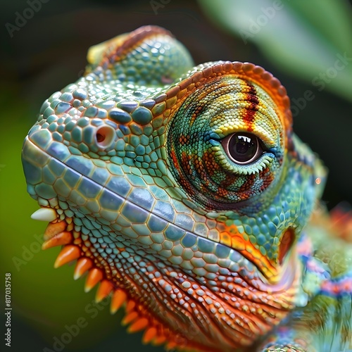 Vibrant Chameleon Showcasing Intricate Color Patterns and Exotic Traits in Close Up Photography