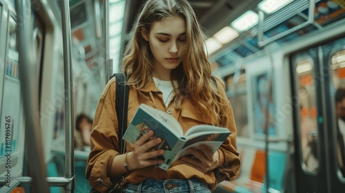 A beautiful blonde woman is reading a book on a subway train. She's wearing a brown shirt and jeans
