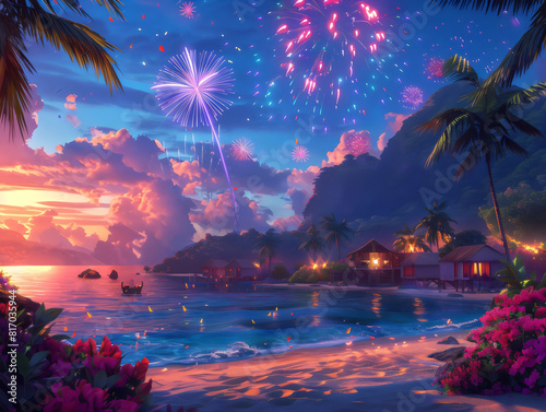 Party on night of beautiful paradise island with fireworks  Generative AI