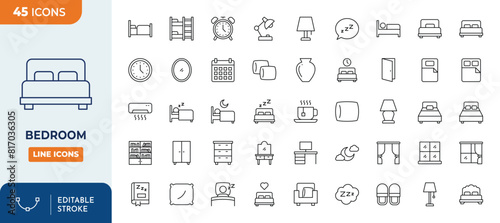Bedroom line editable icon set. Containing bed, alarm clock, desk lamp, pillow, sleep, etc. Editable stroke. Vector illustration	