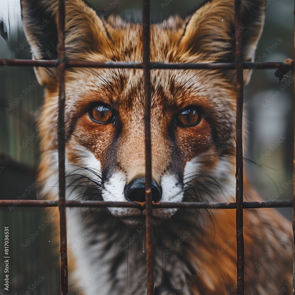 Fototapeta premium Caged Fox Captivating Gaze in Wilderness Rehabilitation Center