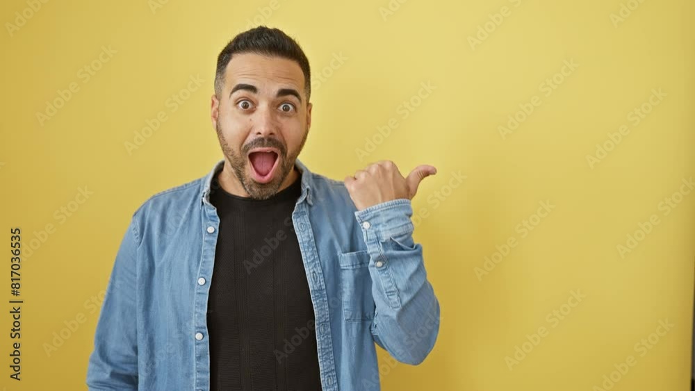 Amazed young hispanic man in denim shirt, mouth open in surprise! joyfully pointing off to the side on a vibrant yellow background!