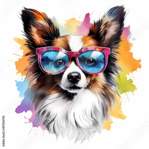 Papillon. Cool Dog. Continental Toy Spaniel clipart. Watercolor illustration. Generative AI. Detailed illustration.