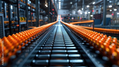 Modern Factory Efficiency: Industrial Conveyor Belt System Streamlining Goods Transportation © Ummeya