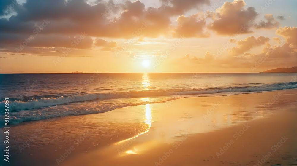 a serene sunset over the ocean, with the sun casting a golden pathway across the calm waters and reflecting off the wet sand, under a sky dotted with soft clouds