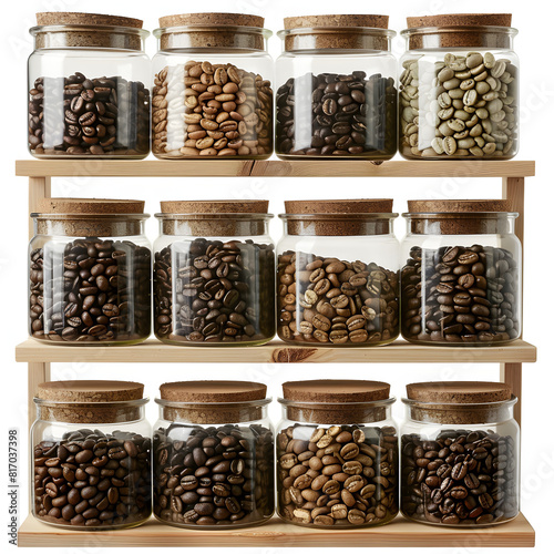 Assorted coffee beans stored in labeled containers on a coffee shop shelf isolated on white background, professional photography, png 
