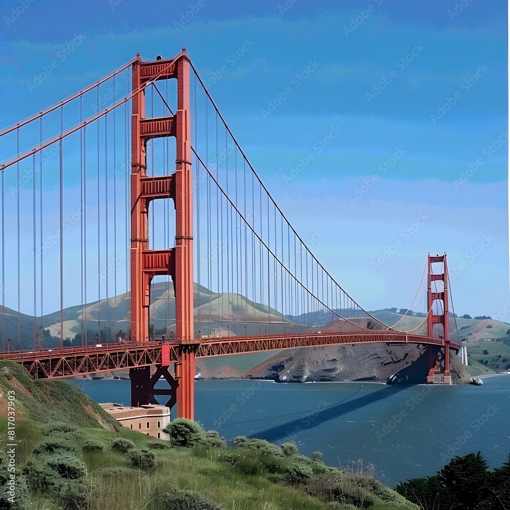 Iconic Golden Gate Bridge Spanning San Francisco Bay with Scenic Coastal Landscape Iconic Golden Gate Bridge Spanning San Francisco Bay with Scenic Coastal Landscape
