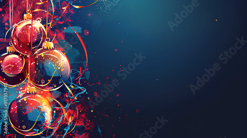  A vibrant digital illustration of an abstract background with festive decorations  including glowing Christmas balls and ribbons  set against deep blue hues.