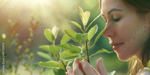 Cradling Growth: Nurturing a Tree's Potential - A woman lovingly embraces an adolescent tree, fostering its development into a sturdy, towering symbol of life. photo