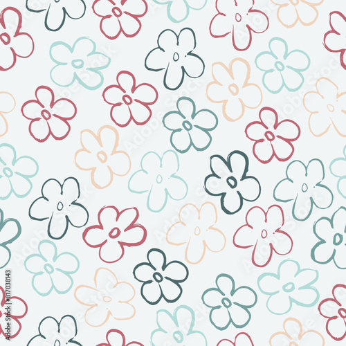 Seamless pattern of elegant and dainty florals. A lot of different flowers on the field. Liberty style millefleurs.