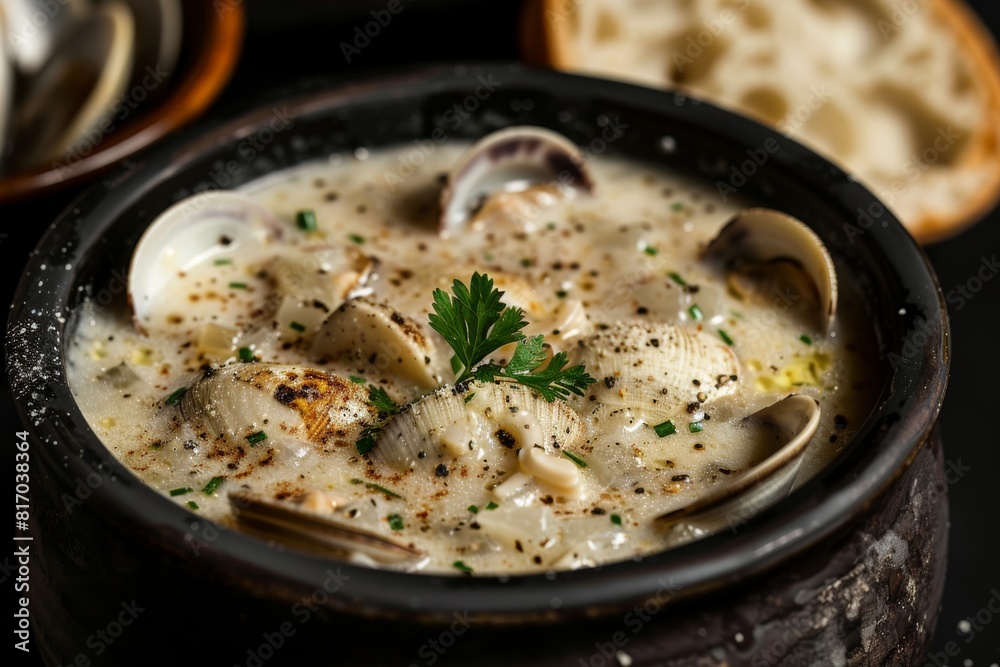 Flavorful bowl of seafood soup with clams and fresh herbs Flavorful bowl of seafood soup with clams and fresh herbs