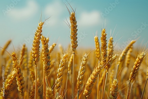 Golden Wheat Field Under Sunny Sky  A Vibrant Agricultural Scene