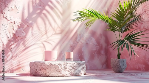 Abstract background for product presentation with round stone podium and palm leaf on pink backdrop.