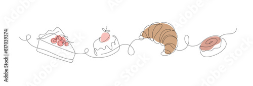 Bakery desserts cake, croissant, cupcake linear style silhouette drawing with color on white background