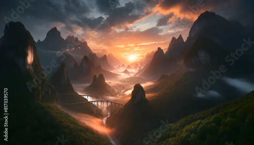 mountainous landscape with multiple suspension bridges connecting peaks shrouded in mist, during a dramatic sunrise.