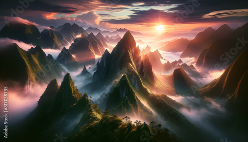 mountainous landscape with multiple suspension bridges connecting peaks shrouded in mist, during a dramatic sunrise. photo