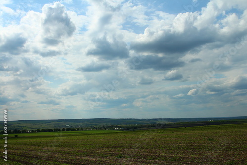 A large field with a cloudy sky