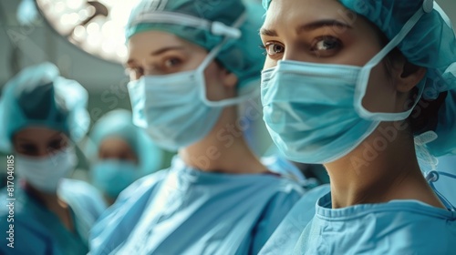 The Dedicated Medical Team Performing a Critical Surgical Procedure with Utmost Precision and Focus Under Bright Lights in a Hospital Operating Room photo