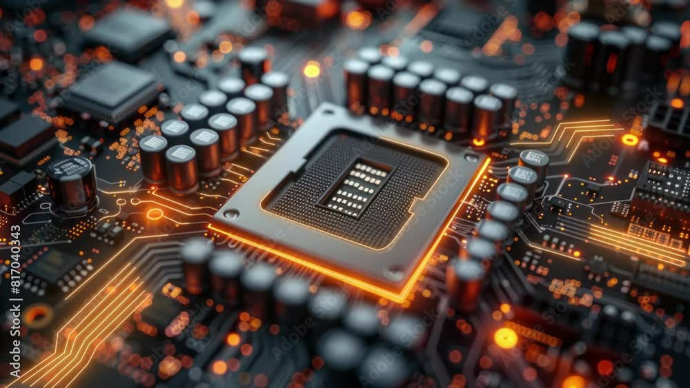 High-resolution image of a microprocessor with glowing circuitry in an electronic device
