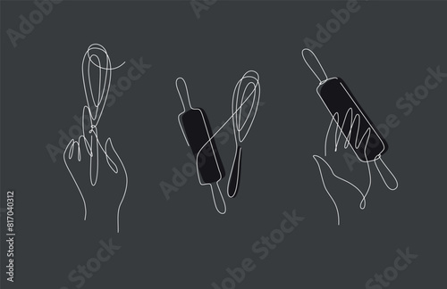 Obraz na płótnie Bakery tools hand with whisk and rolling pin illustration drawing on black background w salonie