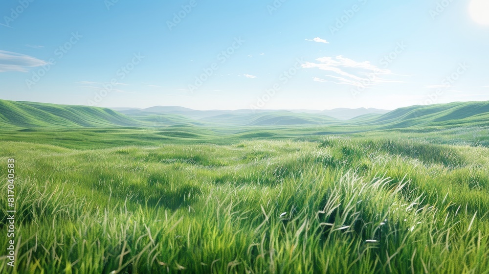 Transparent 3D grass in a serene field setting, with rolling hills and a clear blue sky in the background, emphasizing natural beauty Transparent 3D grass in a serene field setting, with rolling hills and a clear blue sky in the background, emphasizing natural beauty