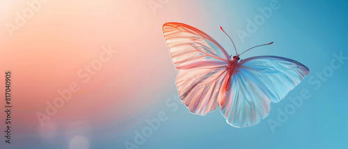 A butterfly is flying in the sky with a pink and blue background © Napat