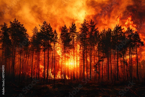 Intense Sunset Through Burning Forest Fire Skyline