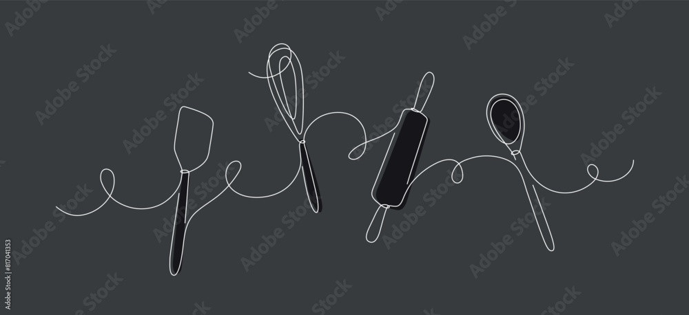 Bakery tools whisk, rolling pin, spatula silhouette drawing on black background
