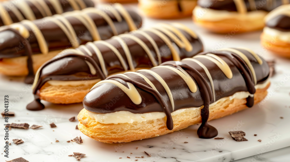 Three chocolate covered pastries with white filling on a marble counter
