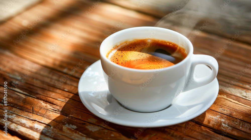 A white coffee cup with a white saucer sits on a wooden table A white coffee cup with a white saucer sits on a wooden table