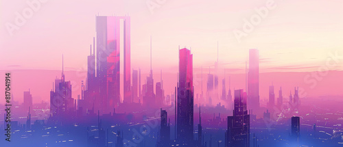 A cityscape with a pink and purple sky