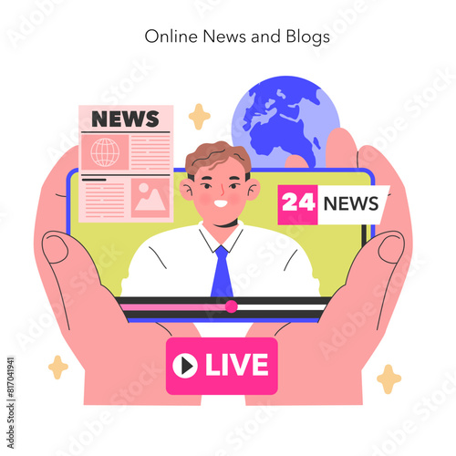 Online News and Blogs concept A digital newsreader presents live updates from around the globe, encapsulating a world connected by information Vector illustration