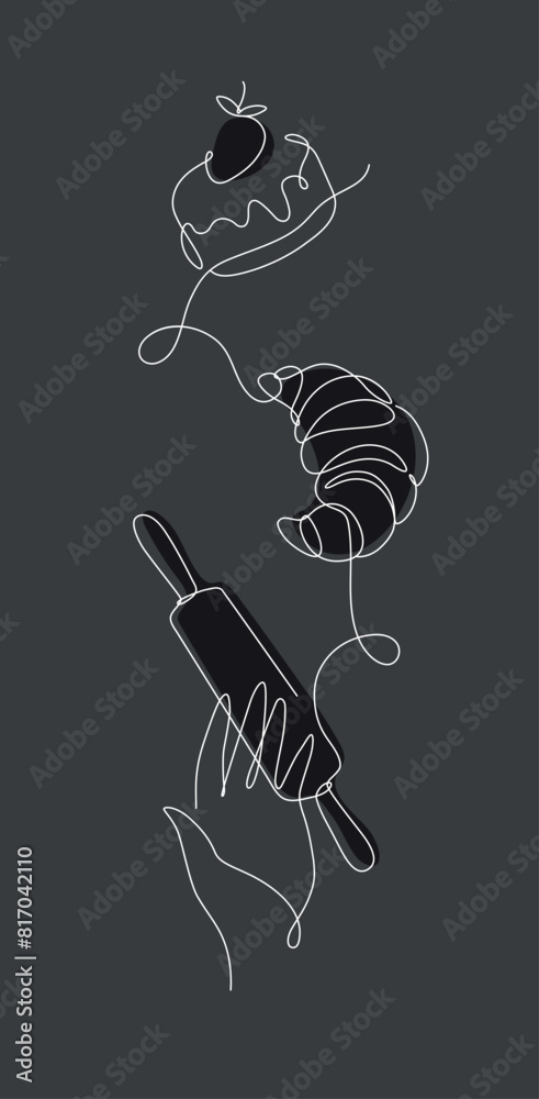 Bakery desserts cake, croissant and rolling pin linear style vertical silhouette drawing on black background