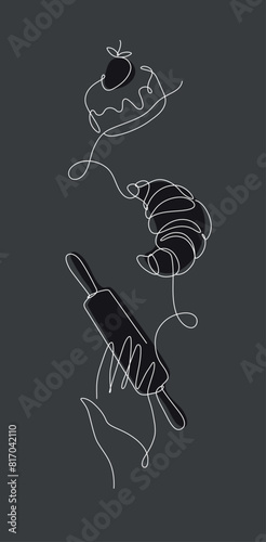 Obraz na płótnie Bakery desserts cake, croissant and rolling pin linear style vertical silhouette drawing on black background w salonie
