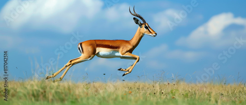 A deer is running across a field with a blue sky in the background photo