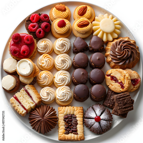 Various types of fresh-baked cookies arranged on a platter at a bakery isolated on white background, detailed, png 