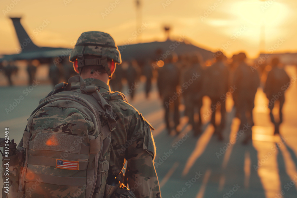 Back view of US soldier coming back home from the military, American serviceman. Back view of US soldier coming back home from the military, American serviceman.