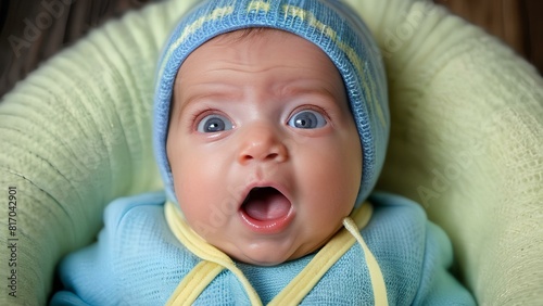 A baby with a blue hat and blue shirt is crying. The baby's eyes are wide open and its mouth is open