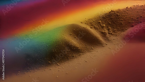 Close up of rainbow colored sand texture background illustration with ripples. AI generated