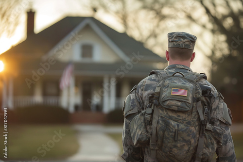 Back view of US soldier coming back home from the military, American serviceman.