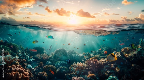 Oceanic landscape. Coral reef floor with the sea roof near to it