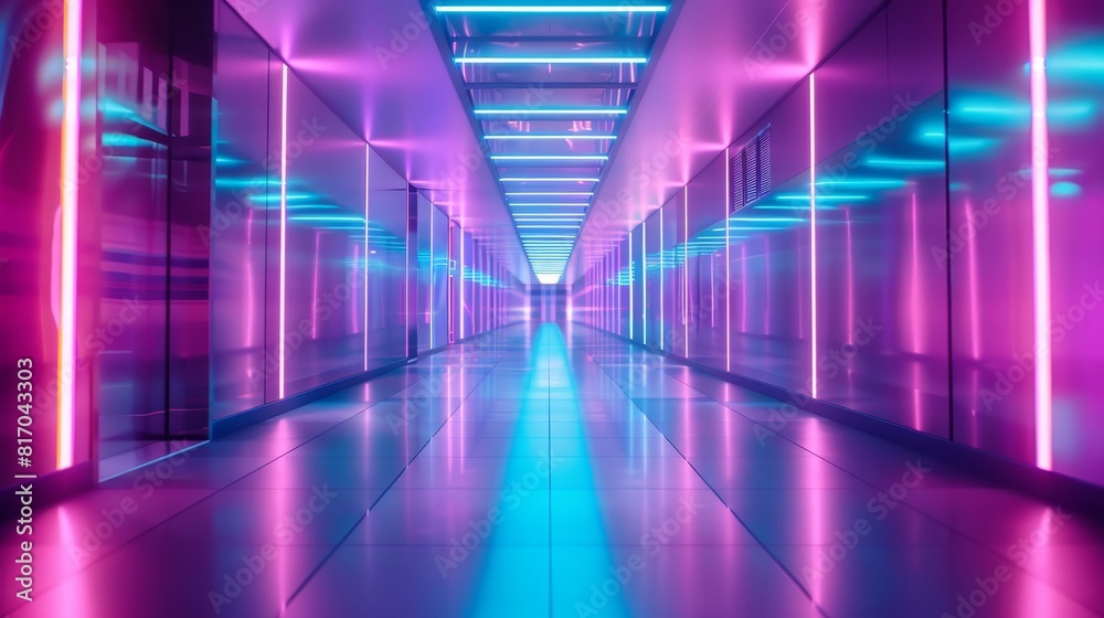Vibrant neon corridor in purple and blue, selective focus on reflective surfaces, theme of fluorescence, futuristic, Overlay, nightlife district backdrop Vibrant neon corridor in purple and blue, selective focus on reflective surfaces, theme of fluorescence, futuristic, Overlay, nightlife district backdrop