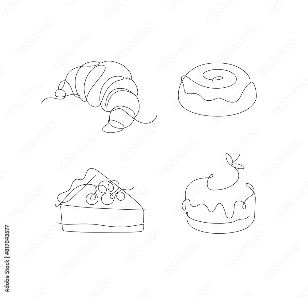 Bakery desserts cake, croissant, cupcake, bun icons drawing in linear style on white background