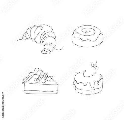 Obraz na płótnie Bakery desserts cake, croissant, cupcake, bun icons drawing in linear style on white background w salonie