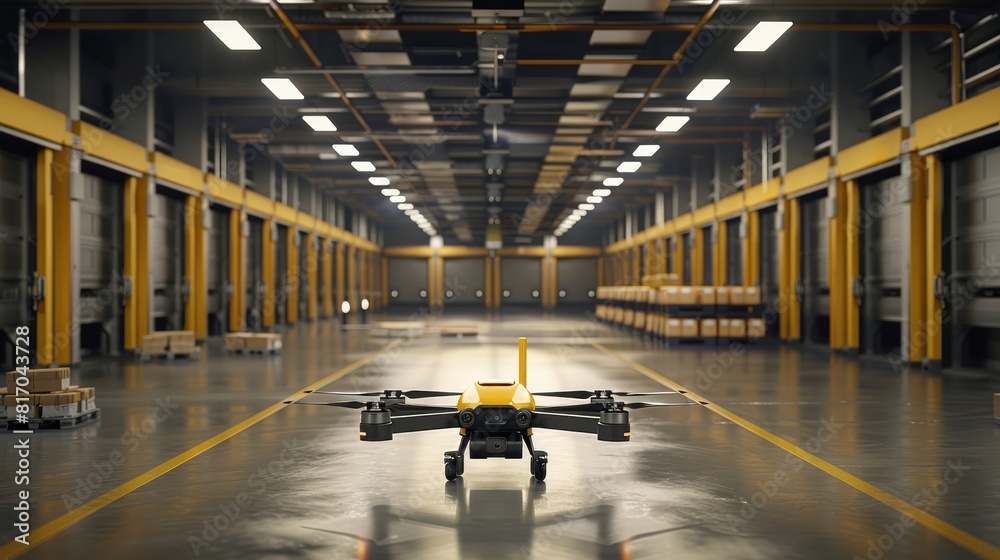 Fototapeta premium At a modern distribution center, delivery drones are loaded with parcels, ready to embark on their routes, revolutionizing the e-commerce industry.